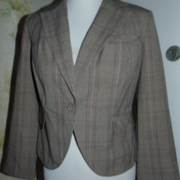 Hillard and Hanson brown beige pink one button women's plaid stretch blazer 4 - Picture 2 of 8